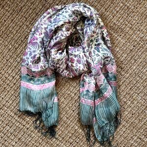 Vintage 100% Silk Block Print Scarf Wrap Sarong Pink Teal Floral Fringe